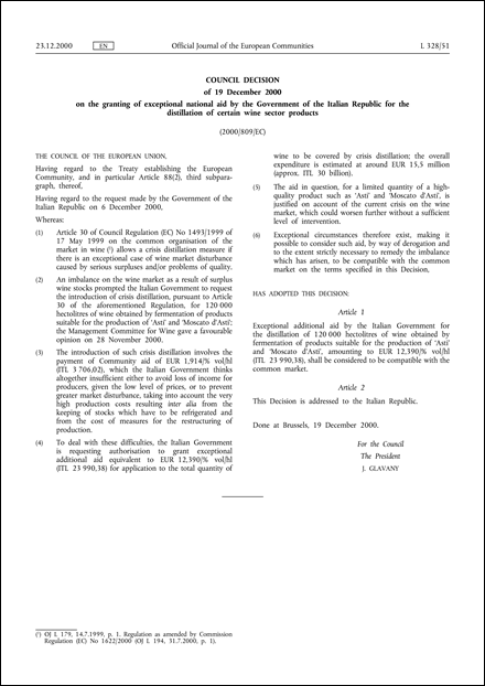 2000/809/EC: Council Decision of 19 December 2000 on the granting of exceptional national aid by the Government of the Italian Republic for the distillation of certain wine sector products