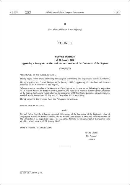 2000/90/EC: Council Decision of 24 January 2000 appointing a Portuguese member and alternate member of the Committee of the Regions