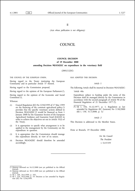 2001/12/EC: Council Decision of 19 December 2000 amending Decision 90/424/EEC on expenditure in the veterinary field