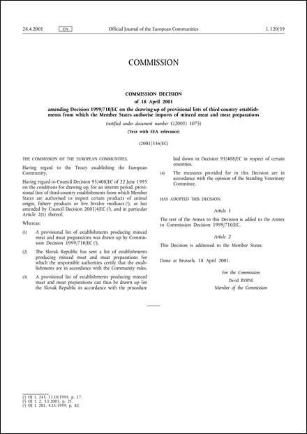 2001/336/EC: Commission Decision of 18 April 2001 amending Decision 1999/710/EC on the drawing-up of provisional lists of third-country establishments from which the Member States authorise imports of minced meat and meat preparations (Text with EEA relevance) (notified under document number C(2001) 1075)