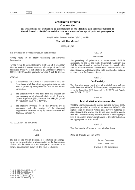 2001/423/EC: Commission Decision of 22 May 2001 on arrangements for publication or dissemination of the statistical data collected pursuant to Council Directive 95/64/EC on statistical returns in respect of carriage of goods and passengers by sea (Text with EEA relevance) (notified under document number C(2001) 1456)