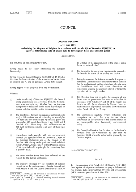 01 439 Ec Council Decision Of 5 June 01 Authorising The Kingdom Of Belgium In Accordance