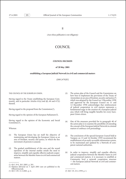 2001/470/EC: Council Decision of 28 May 2001 establishing a European Judicial Network in civil and commercial matters