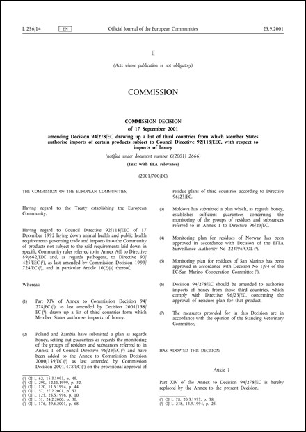 2001/700/EC: Commission Decision of 17 September 2001 amending Decision 94/278/EC drawing up a list of third countries from which Member States authorise imports of certain products subject to Council Directive 92/118/EEC, with respect to imports of honey (Text with EEA relevance) (notified under document number C(2001) 2666)
