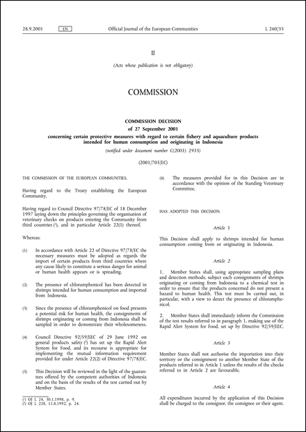 2001/705/EC: Commission Decision of 27 September 2001 concerning certain protective measures with regard to certain fishery and aquaculture products intended for human consumption and originating in Indonesia (notified under document number C(2001) 2935)