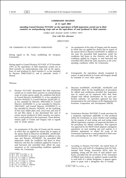 2002/276/EC: Commission Decision of 12 April 2002 amending Council Decision 95/514/EC on the equivalence of field inspections carried out in third countries on seed-producing crops and on the equivalence of seed produced in third countries (Text with EEA relevance) (notified under document number C(2002) 1407)