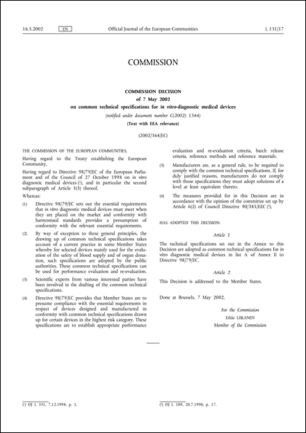 2002/364/EC: Commission Decision of 7 May 2002 on common technical specifications for in vitro-diagnostic medical devices (Text with EEA relevance) (notified under document number C(2002) 1344)