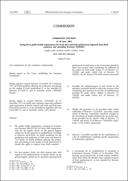 2002/477/EC: Commission Decision of 20 June 2002 laying down public health requirements for fresh meat and fresh poultrymeat imported from third countries, and amending Decision 94/984/EC (Text with EEA relevance) (notified under document number C(2002) 2196)