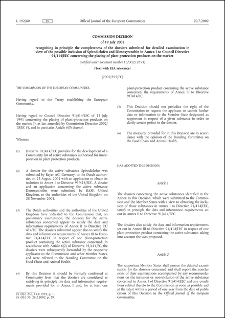 2002/593/EC: Commission Decision of 19 July 2002 recognising in principle the completeness of the dossiers submitted for detailed examination in view of the possible inclusion of Spirodiclofen and Dimoxystrobin in Annex I to Council Directive 91/414/EEC concerning the placing of plant-protection products on the market (Text with EEA relevance) (notified under document number C(2002) 2693)