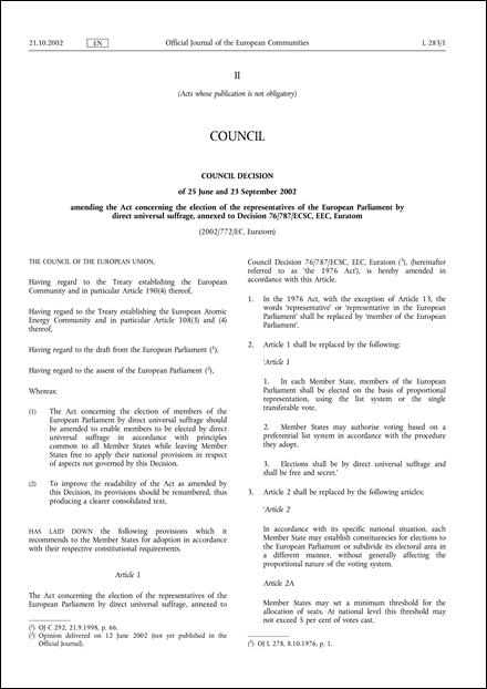 2002/772/EC,Euratom: Council Decision of 25 June 2002 and 23 September 2002 amending the Act concerning the election of the representatives of the European Parliament by direct universal suffrage, annexed to Decision 76/787/ECSC, EEC, Euratom