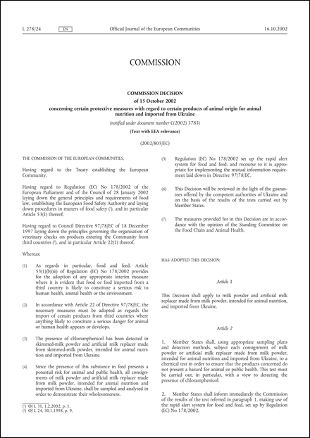 2002/805/EC: Commission Decision of 15 October 2002 concerning certain protective measures with regard to certain products of animal origin for animal nutrition and imported from Ukraine (Text with EEA relevance) (notified under document number C(2002) 3785)
