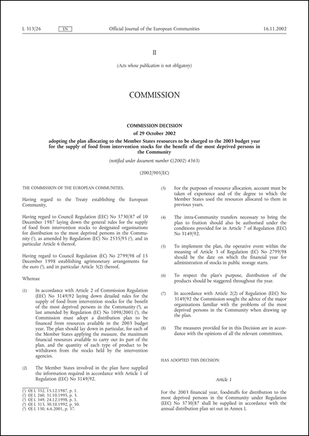 2002/905/EC: Commission Decision of 29 October 2002 adopting the plan allocating to the Member States resources to be charged to the 2003 budget year for the supply of food from intervention stocks for the benefit of the most deprived persons in the Community (notified under document number C(2002) 4363)