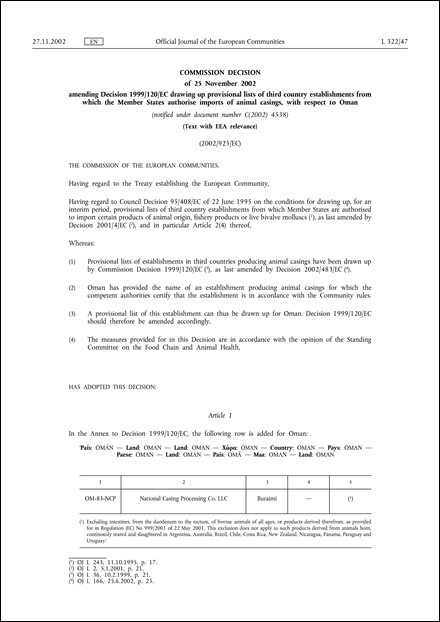2002/925/EC: Commission Decision of 25 November 2002 amending Decision 1999/120/EC drawing up provisional lists of third country establishments from which the Member States authorise imports of animal casings, with respect to Oman (Text with EEA relevance) (notified under document number C(2002) 4538)