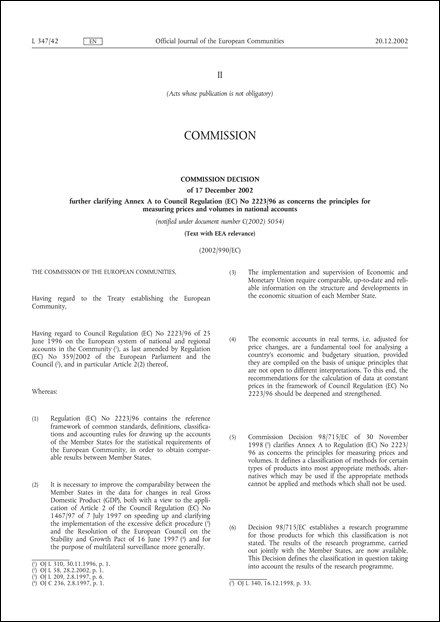2002/990/EC: Commission Decision of 17 December 2002 further clarifying Annex A to Council Regulation (EC) No 2223/96 as concerns the principles for measuring prices and volumes in national accounts (Text with EEA relevance) (notified under document number C(2002) 5054)