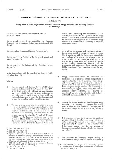 Decision No 1229/2003/EC of the European Parliament and of the Council of 26 June 2003 laying down a series of guidelines for trans-European energy networks and repealing Decision No 1254/96/EC