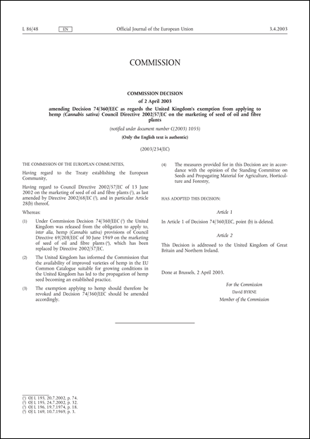 2003/234/EC: Commission Decision of 2 April 2003 amending Decision 74/360/EEC as regards the United Kingdom's exemption from applying to hemp (Cannabis sativa) Council Directive 2002/57/EC on the marketing of seed of oil and fibre plants (notified under document number C(2003) 1055)