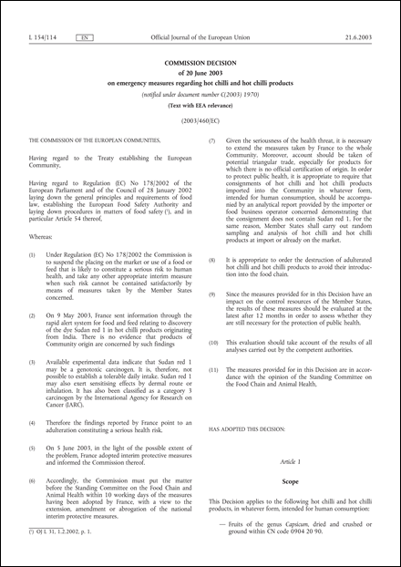 2003/460/EC: Commission Decision of 20 June 2003 on emergency measures regarding hot chilli and hot chilli products (Text with EEA relevance) (notified under document number C(2003) 1970)