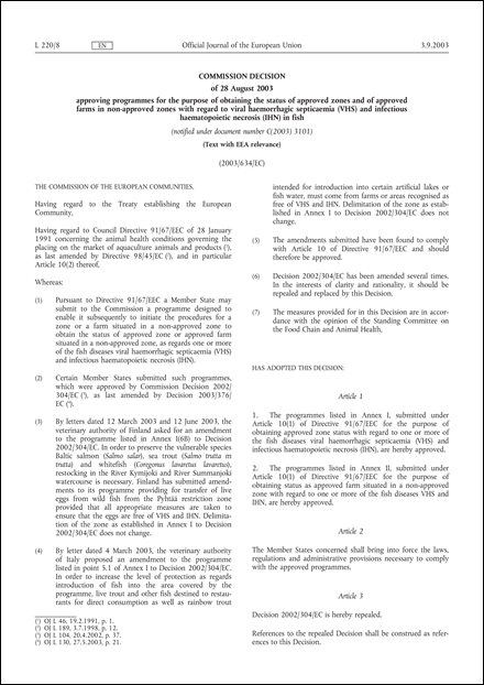 2003/634/EC: Commission Decision of 28 August 2003 approving programmes for the purpose of obtaining the status of approved zones and of approved farms in non-approved zones with regard to viral haemorrhagic septicaemia (VHS) and infectious haematopoietic necrosis (IHN) in fish (Text with EEA relevance) (notified under document number C(2003) 3101)