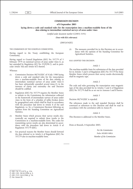2003/654/EC: Commission Decision of 8 September 2003 laying down a code and standard rules for the transcription into a machine-readable form of the data relating to intermediate statistical surveys of areas under vines (Text with EEA relevance) (notified under document number C(2003) 3191)