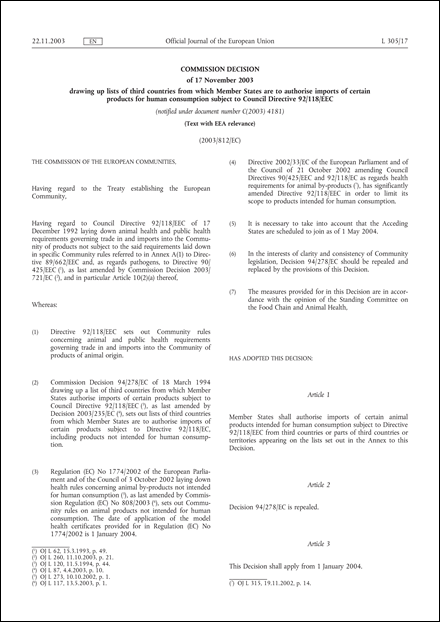 2003/812/EC: Commission Decision of 17 November 2003 drawing up lists of third countries from which Member States are to authorise imports of certain products for human consumption subject to Council Directive 92/118/EEC (Text with EEA relevance) (notified under document number C(2003) 4181) (repealed)