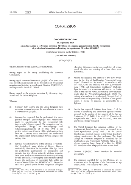 2004/108/EC: Commission Decision of 28 January 2004 amending Annex C to Council Directive 92/51/EEC on a second general system for the recognition of professional education and training to supplement Directive 89/48/EEC (Text with EEA relevance) (notified under document number C(2003) 5381)