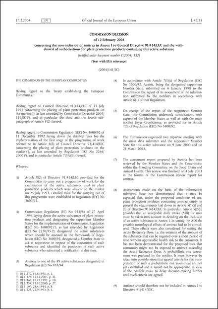 2004/141/EC: Commission Decision of 12 February 2004 concerning the non-inclusion of amitraz in Annex I to Council Directive 91/414/EEC and the withdrawal of authorisations for plant protection products containing this active substance (Text with EEA relevance) (notified under document number C(2004) 332)