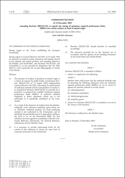 2004/25/EC: Commission Decision of 22 December 2003 amending Decision 2002/657/EC as regards the setting of minimum required performance limits (MRPLs) for certain residues in food of animal origin (Text with EEA relevance) (notified under document number C(2003) 4961)