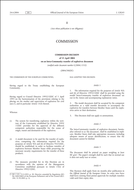 2004/388/EC: Commission Decision of 15 April 2004 on an Intra-Community transfer of explosives document (notified under document number C(2004) 1332)