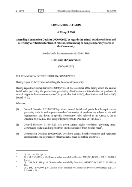 2004/415/EC:Commission Decision of 29 April 2004 amending Commission Decision 2000/609/EC as regards the animal health conditions and veterinary certification for farmed ratite meat transiting or being temporarily stored in the Community