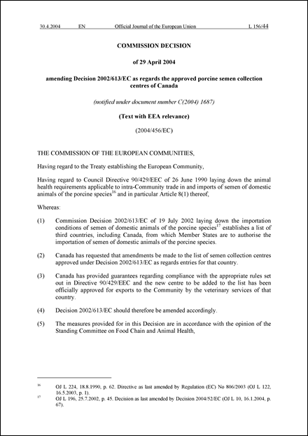 2004/456/EC:Commission Decision of 29 April 2004 amending Decision 2002/613/EC as regards the approved porcine semen collection centres of Canada