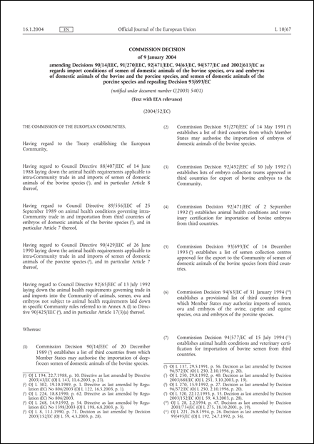 2004/52/EC: Commission Decision of 9 January 2004 amending Decisions 90/14/EEC, 91/270/EEC, 92/471/EEC, 94/63/EC, 94/577/EC and 2002/613/EC as regards import conditions of semen of domestic animals of the bovine species, ova and embryos of domestic animals of the bovine and the porcine species, and semen of domestic animals of the porcine species and repealing Decision 93/693/EC (Text with EEA relevance) (notified under document number C(2003) 5401)