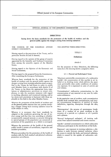 Directives laying down the basic standards for the protection of the health of workers and the general public against the dangers arising from ionizing radiations