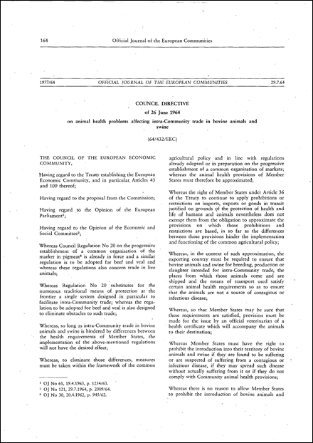 Council Directive 64/432/EEC of 26 June 1964 on animal health problems affecting intra-Community trade in bovine animals and swine