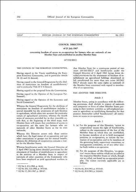 Council Directive 67/532/EEC of 25 July 1967 concerning freedom of access to co-operatives for farmers who are nationals of one Member State and established in another Member State