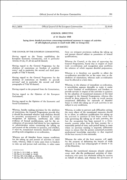 Council Directive 68/364/EEC of 15 October 1968 laying down detailed provisions concerning transitional measures in respect of activities of self-employed persons in retail trade (ISIC ex Group 612)