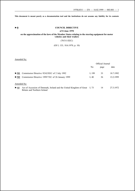 Council Directive 70/311/EEC of 8 June 1970 on the approximation of the laws of the Member States relating to the steering equipment for motor vehicles and their trailers