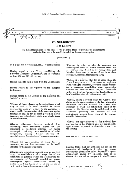 Council Directive 70/357/EEC of 13 July 1970 on the approximation of the laws of the Member States concerning the antioxidants authorized for use in foodstuffs intended for human consumption