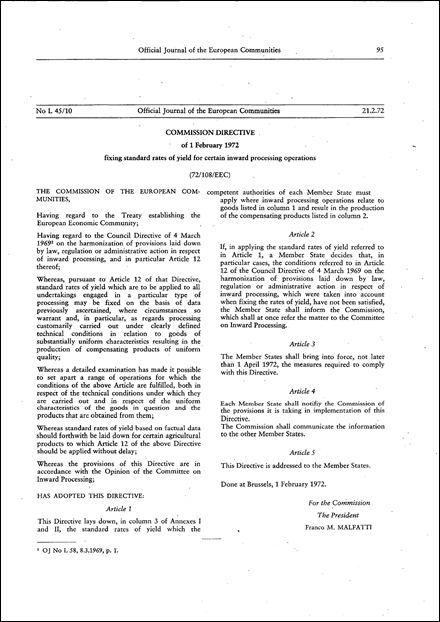 Commission Directive 72/108/EEC of 1 February 1972 fixing standard rates of yield for certain inward processing operations