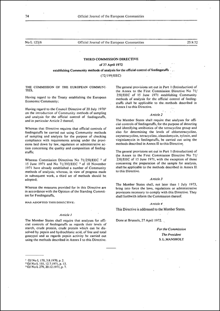 Third Commission Directive 72/199/EEC of 27 April 1972 establishing Community methods of analysis for the official control of feedingstuffs (repealed)