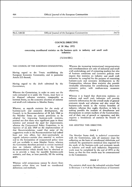 Council Directive 72/211/EEC of 30 May 1972 concerning coordinated statistics on the business cycle in industry and small craft industries