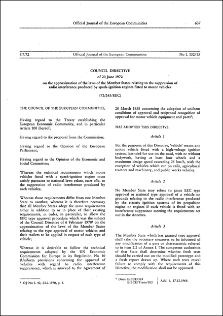 Council Directive 72/245/EEC of 20 June 1972 on the approximation of the laws of the Member States relating to the suppression of radio interference produced by spark-ignition engines fitted to motor vehicles (repealed)
