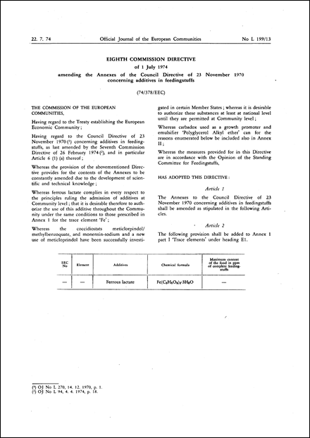 Eighth Commission Directive 74/378/EEC of 1 July 1974 amending the Annexes of the Council Directive of 23 November 1970 concerning additives in feedingstuffs