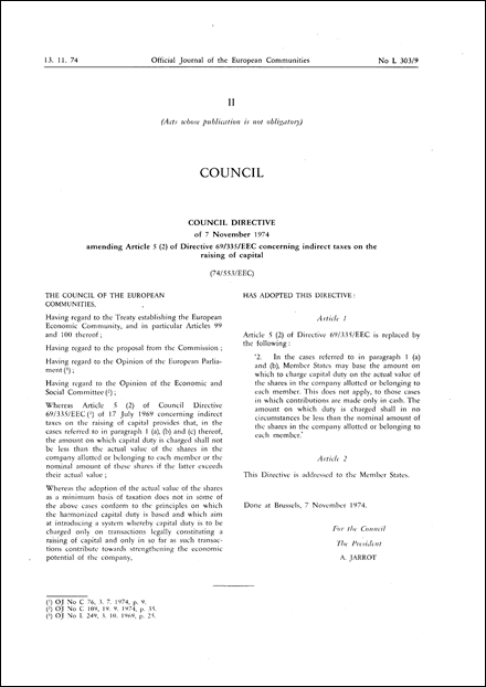Council Directive 74/553/EEC of 7 November 1974 amending Article 5 (2) of Directive No 69/335/EEC concerning direct taxes on the raising of capital
