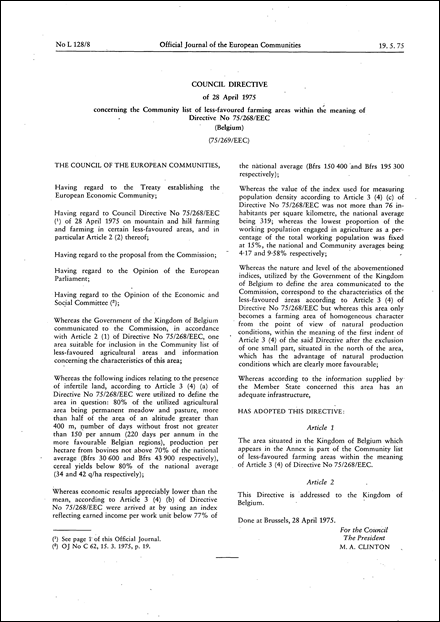 Council Directive 75/269/EEC of 28 April 1975 concerning the Community list of less-favoured farming areas within the meaning of Directive No 75/268/EEC (Belgium)