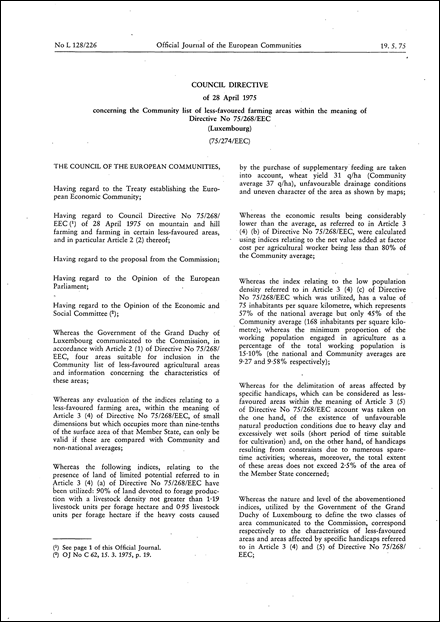 Council Directive 75/274/EEC of 28 April 1975 concerning the Community list of less-favoured farming areas within the meaning of Directive No 75/268/EEC (Luxembourg)