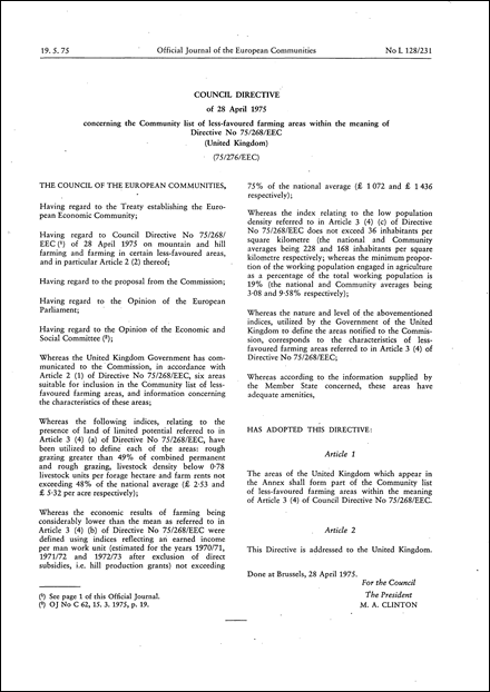Council Directive 75/276/EEC of 28 April 1975 concerning the Community list of less-favoured farming areas within the meaning of Directive No 75/268/EEC (United Kingdom)