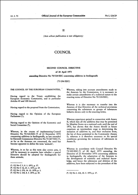 Second Council Directive 75/296/EEC of 28 April 1975 amending Directive No 70/524/EEC concerning additives in feedingstuffs