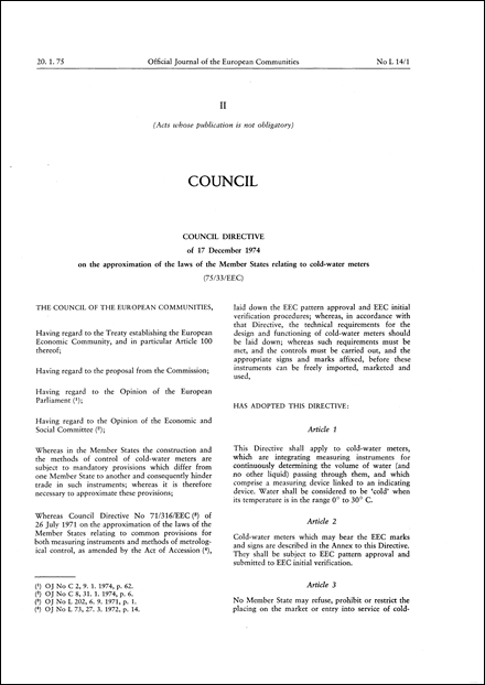 Council Directive 75/33/EEC of 17 December 1974 on the approximation of the laws of the Member States relating to cold-water meters