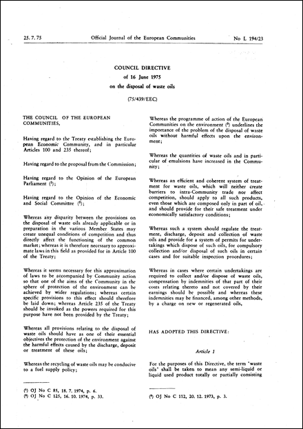 Council Directive 75/439/EEC of 16 June 1975 on the disposal of waste oils (repealed)