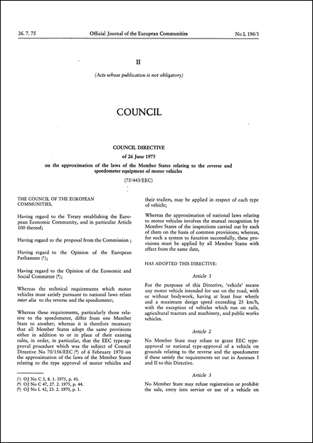 Council Directive 75/443/EEC of 26 June 1975 on the approximation of the laws of the Member States relating to the reverse and speedometer equipment of motor vehicles